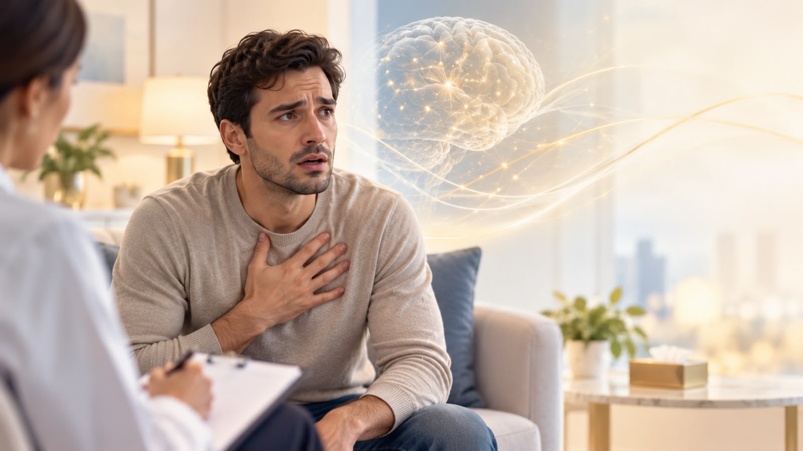 British Neurology Psychiatry Center-Man experiencing panic attack symptoms during a therapy session in Abu Dhabi